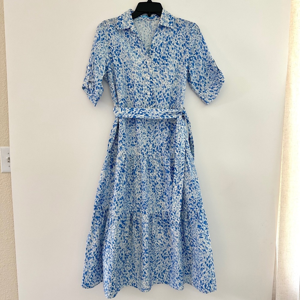 J. McLaughlin Silk Blend Blue Tiered Shirt Dress Small Belted Vacation Midi
